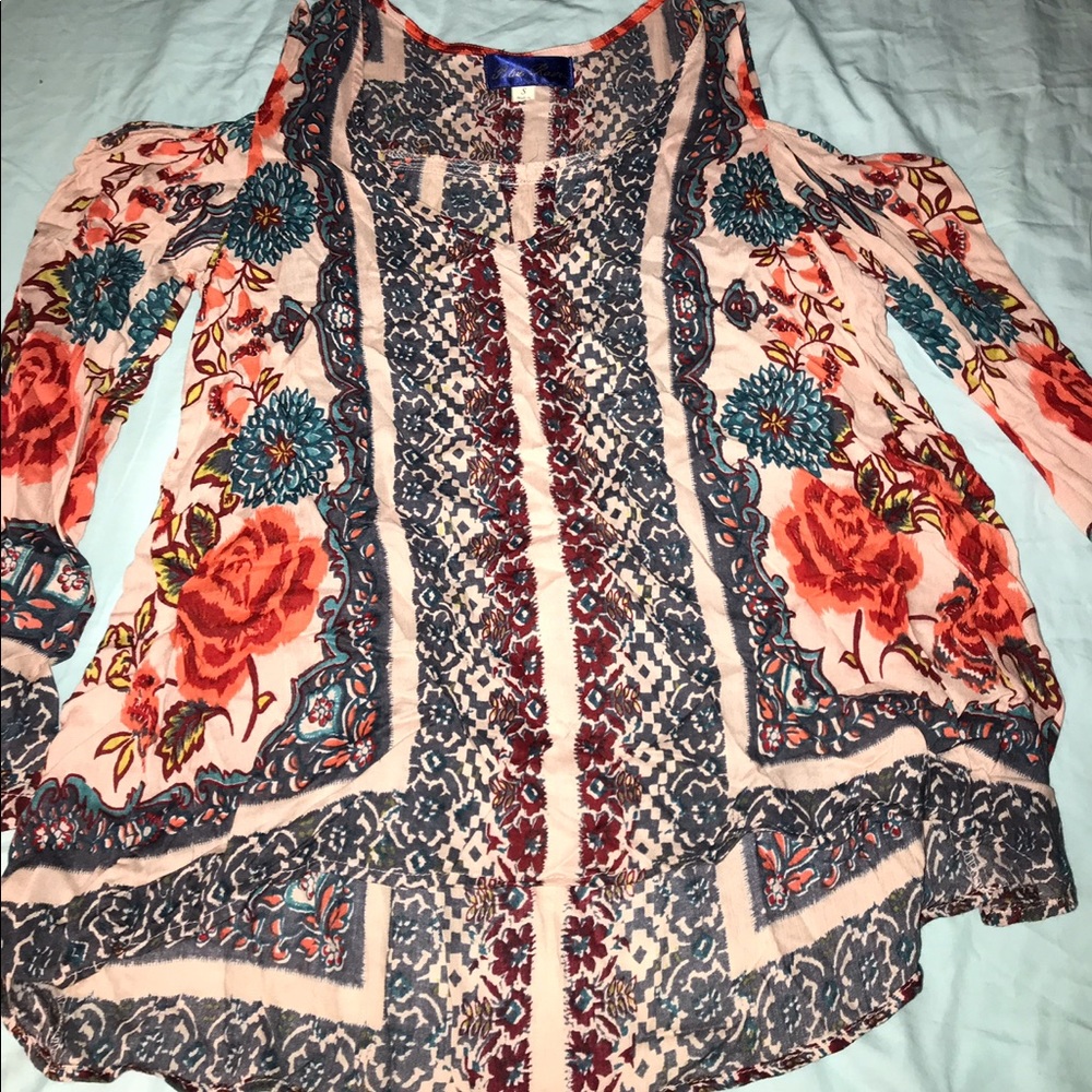 Anthropologie Blue Rain Cold Shoulder Top